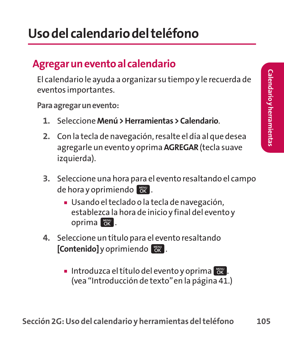 Uso del calendario del teléfono, Agregar un evento al calendario | LG LGLX265 User Manual | Page 332 / 438