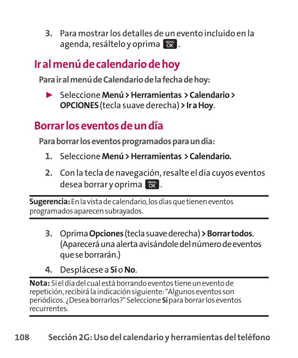Ir al menú de calendario de hoy, Borrar los eventos de un día | LG LGLX265 User Manual | Page 335 / 438