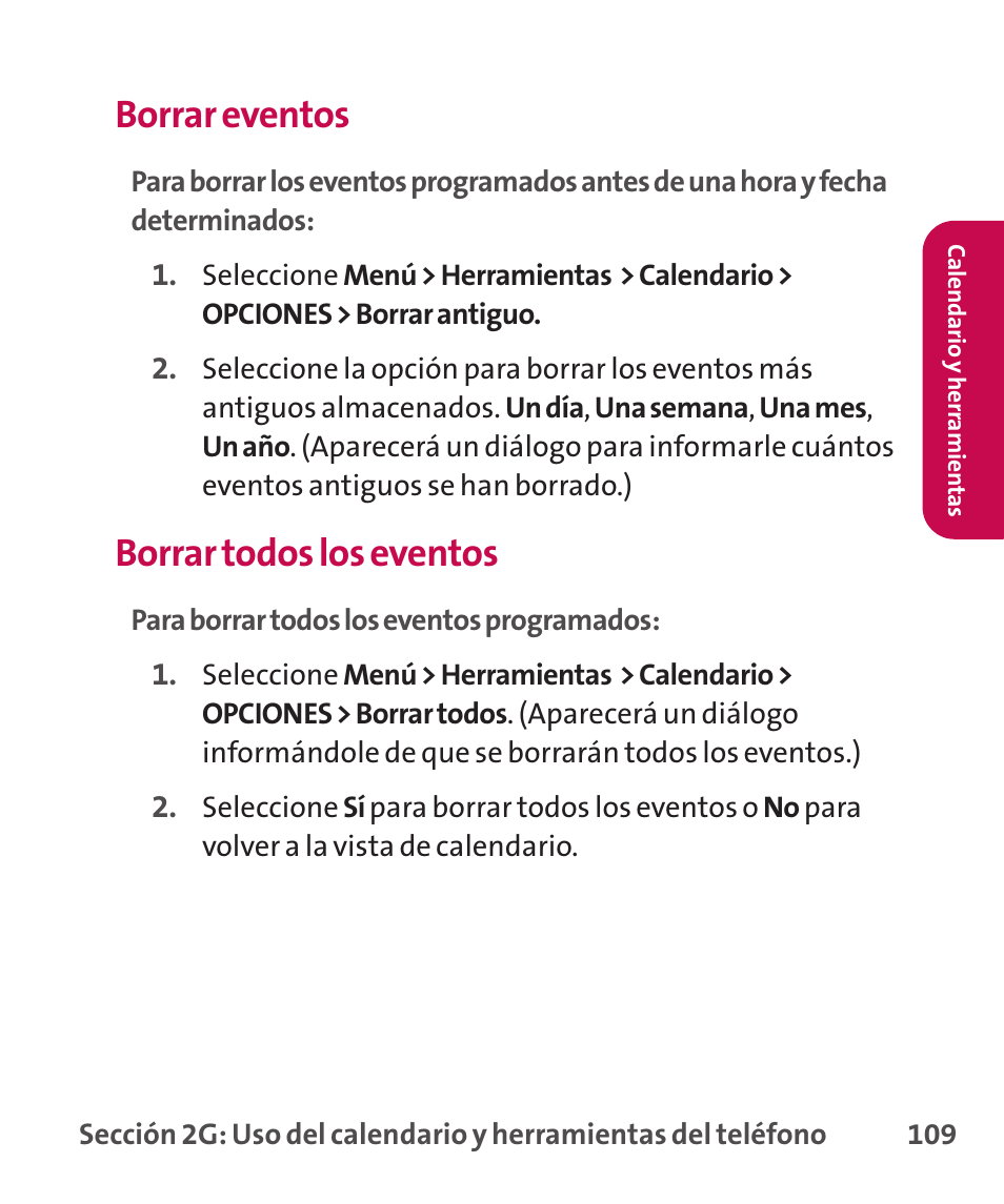 Borrar eventos, Borrar todos los eventos | LG LGLX265 User Manual | Page 336 / 438
