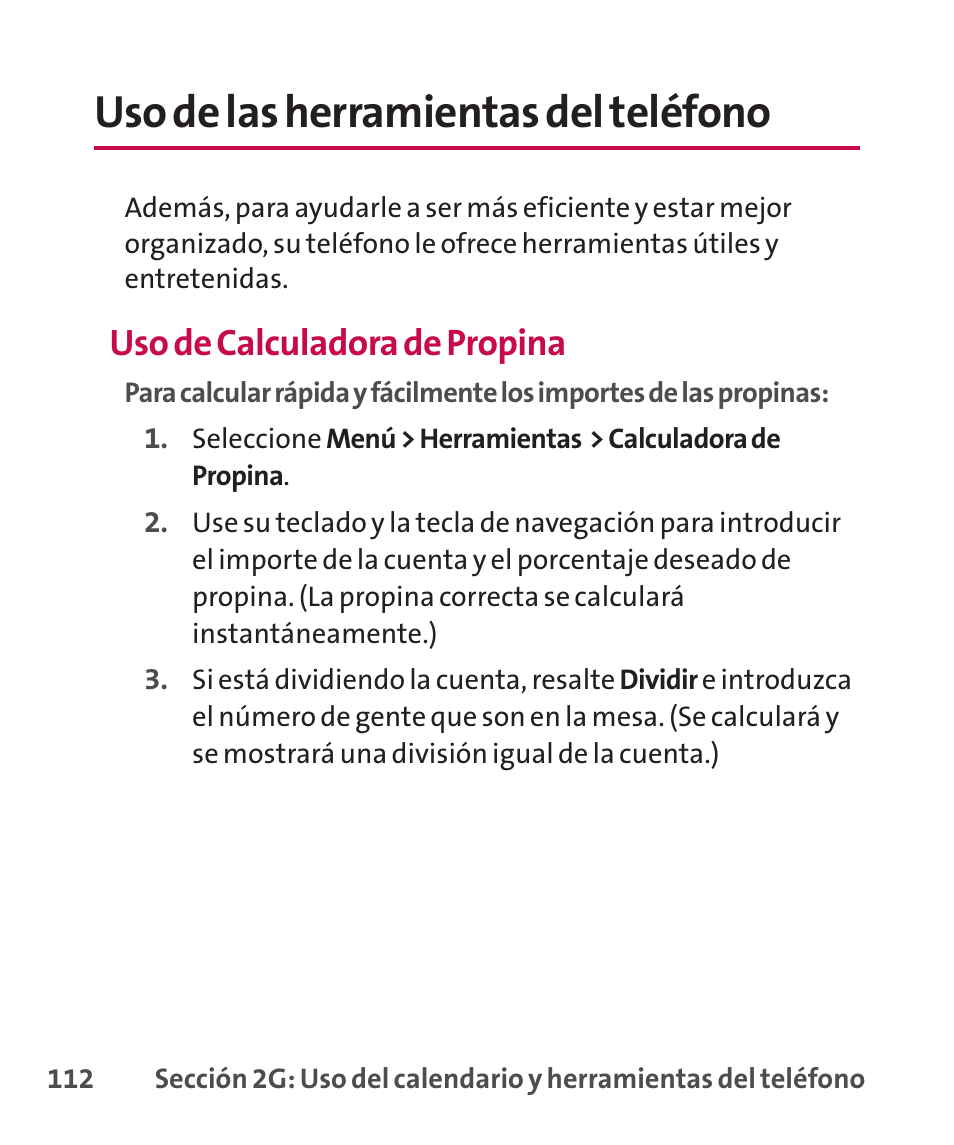 Uso de las herramientas del, Uso de las herramientas del teléfono, Uso de calculadora de propina | LG LGLX265 User Manual | Page 339 / 438