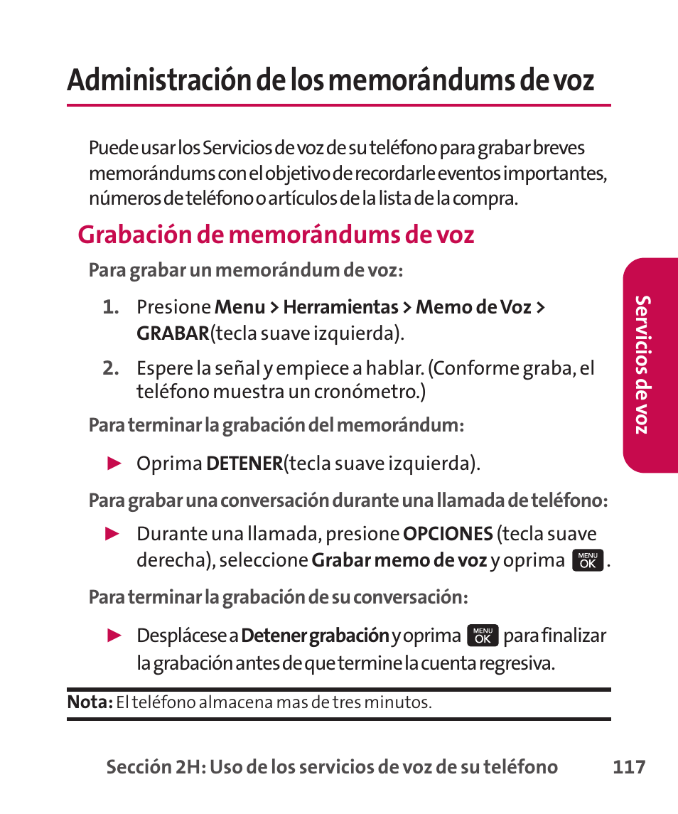 Administración de los memorá, Administración de los memorándums de voz | LG LGLX265 User Manual | Page 344 / 438