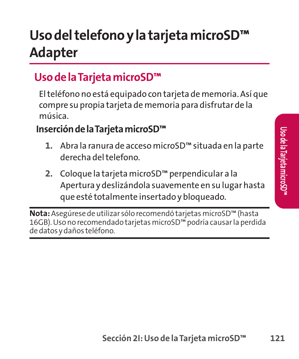 Uso del telefono y la tarjet, Uso del telefono y la tarjeta microsd™ adapter, Uso de la tarjeta microsd | LG LGLX265 User Manual | Page 348 / 438