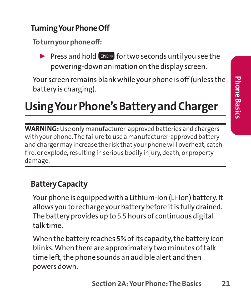 Using your phone’s battery a, Using your phone’s battery and charger | LG LGLX265 User Manual | Page 35 / 438