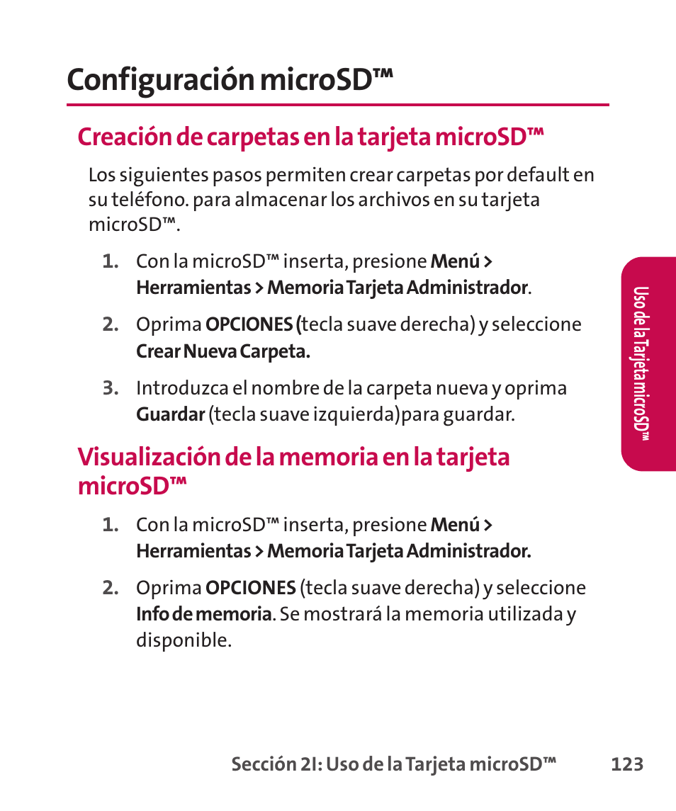 Configuración microsd, Creación de carpetas en la tarjeta microsd | LG LGLX265 User Manual | Page 350 / 438