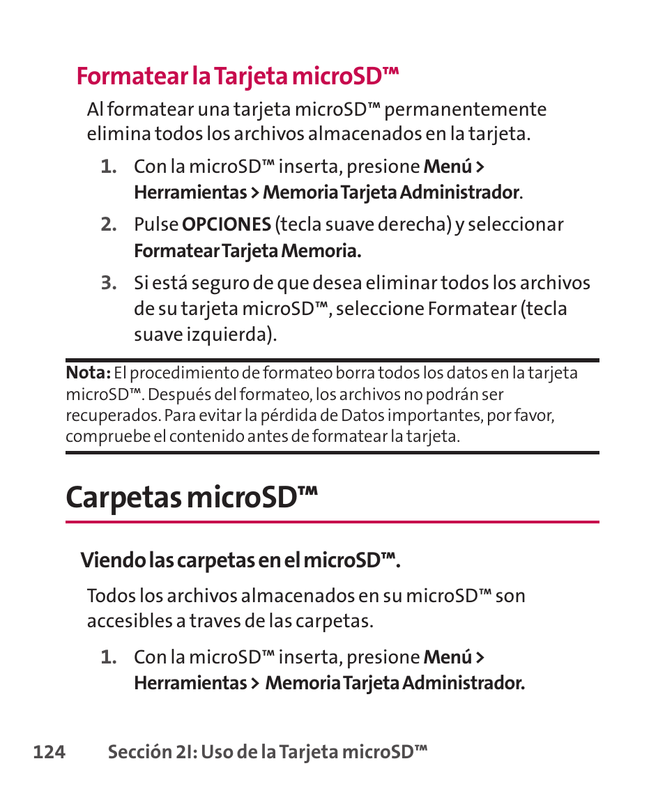 Carpetas microsd, Formatear la tarjeta microsd | LG LGLX265 User Manual | Page 351 / 438