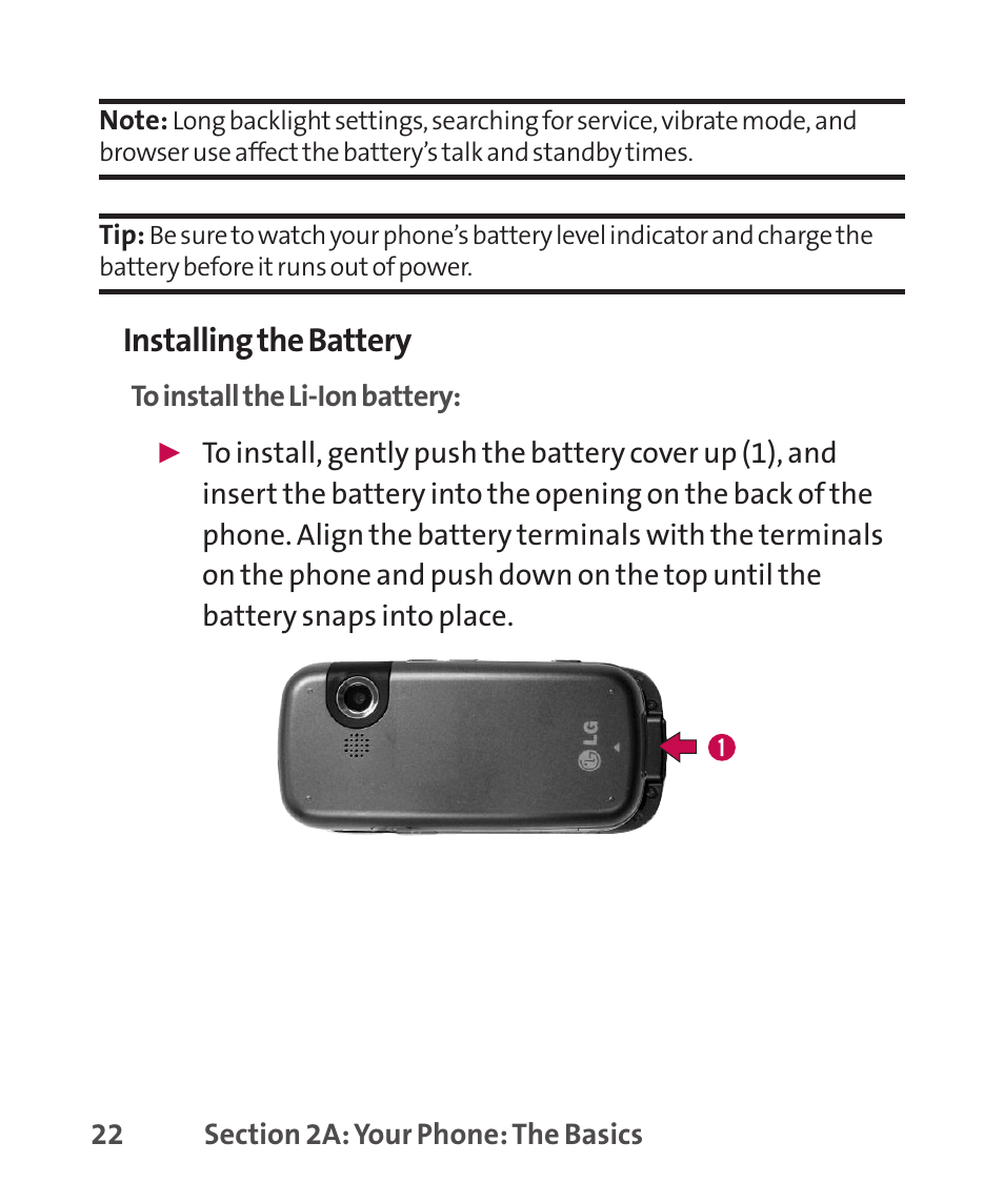 Installingthe battery | LG LGLX265 User Manual | Page 36 / 438