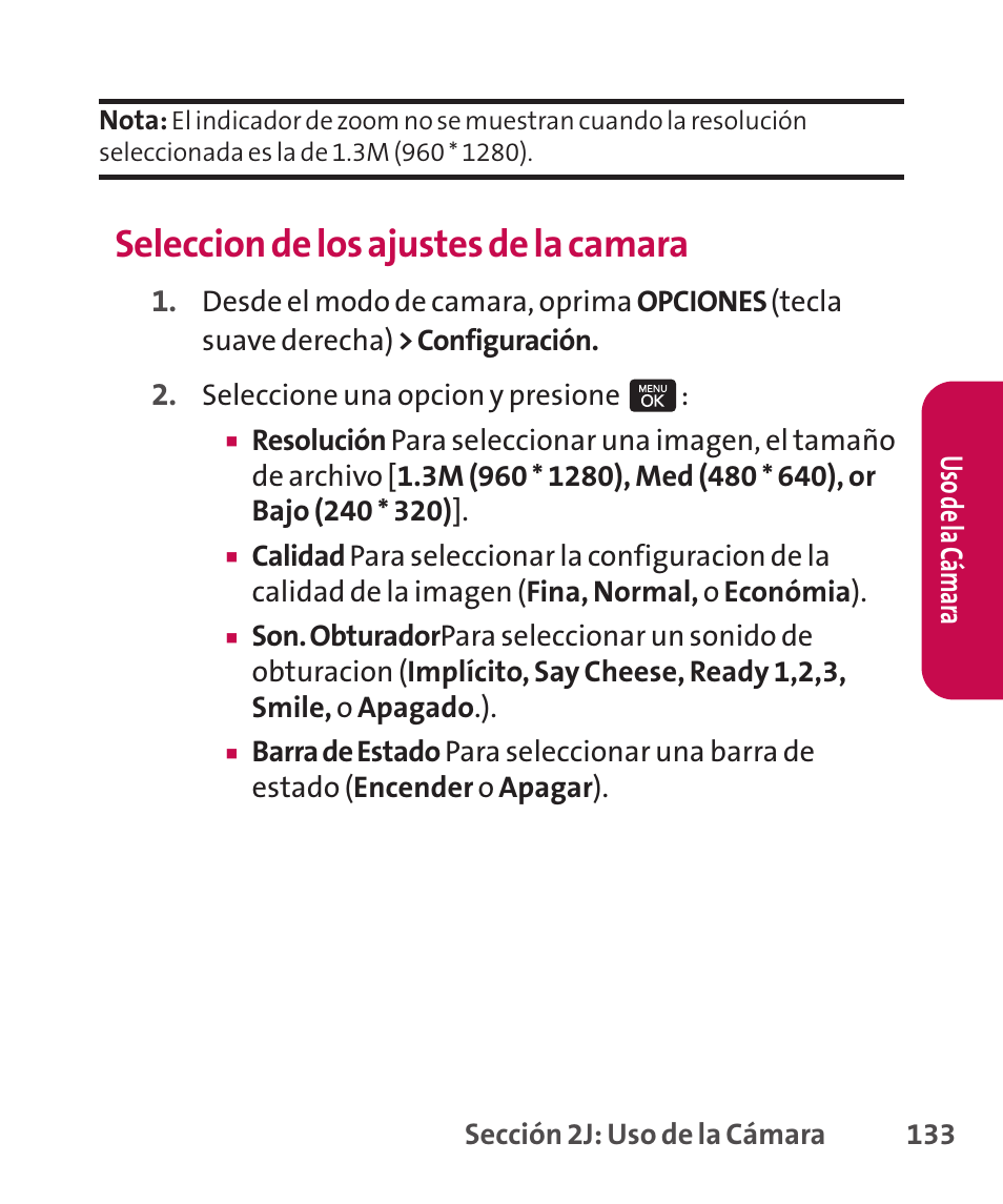 Seleccion de los ajustes de la camara | LG LGLX265 User Manual | Page 360 / 438