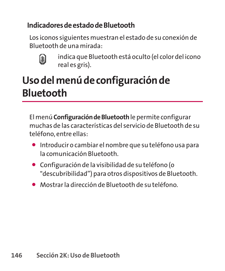 Uso del menú de configuració, Uso del menú de configuración de bluetooth, Indicadores de estado de bluetooth | LG LGLX265 User Manual | Page 373 / 438