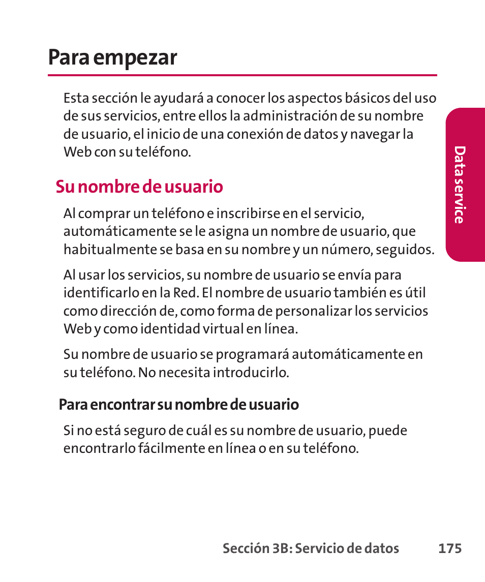 Para empezar, Su nombre de usuario | LG LGLX265 User Manual | Page 402 / 438