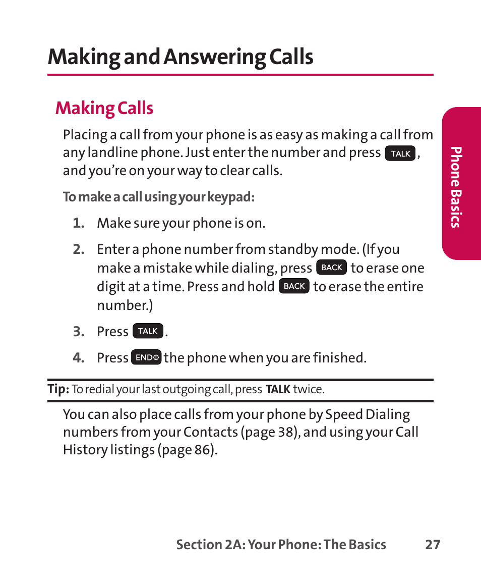 Making and answering calls, Making calls | LG LGLX265 User Manual | Page 41 / 438