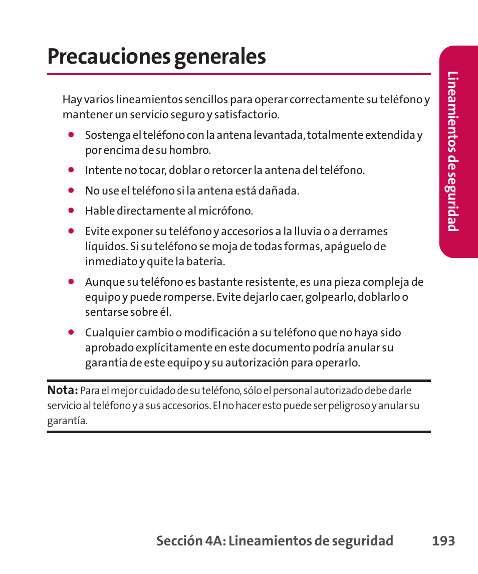 Precauciones generales, Sección 4a: lineamientos de seguridad 193 | LG LGLX265 User Manual | Page 420 / 438