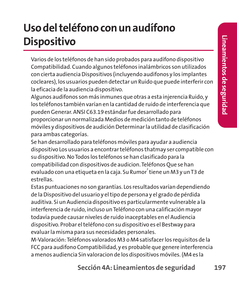 Precauciones generale, Precauciones generales, Uso del teléfono con un audífono dispositivo | LG LGLX265 User Manual | Page 424 / 438