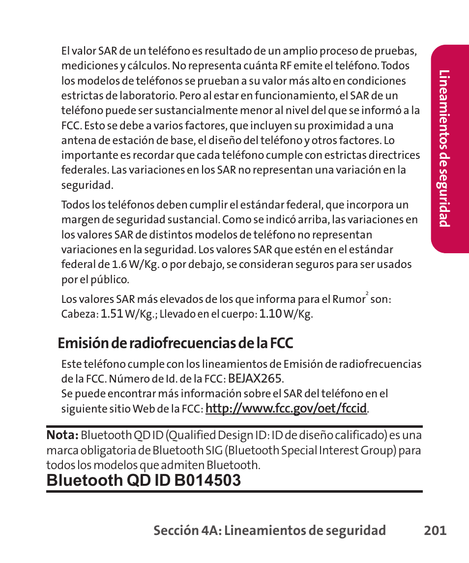 Uso del teléfono con un audí, Uso del teléfono con un audífono dispositivo, Emisión de radiofrecuencias de la fcc | LG LGLX265 User Manual | Page 428 / 438