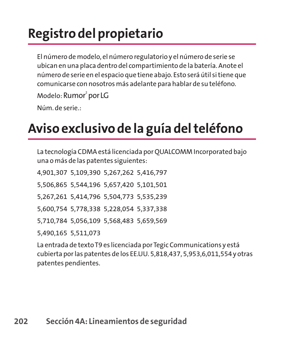 Registro del propietario, Aviso exclusivo de la guía del teléfono | LG LGLX265 User Manual | Page 429 / 438