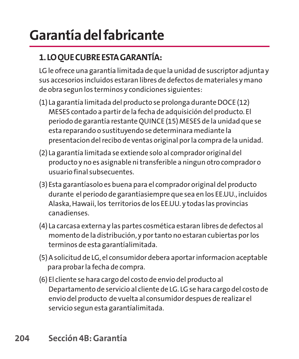 Garantía del fabricante | LG LGLX265 User Manual | Page 431 / 438