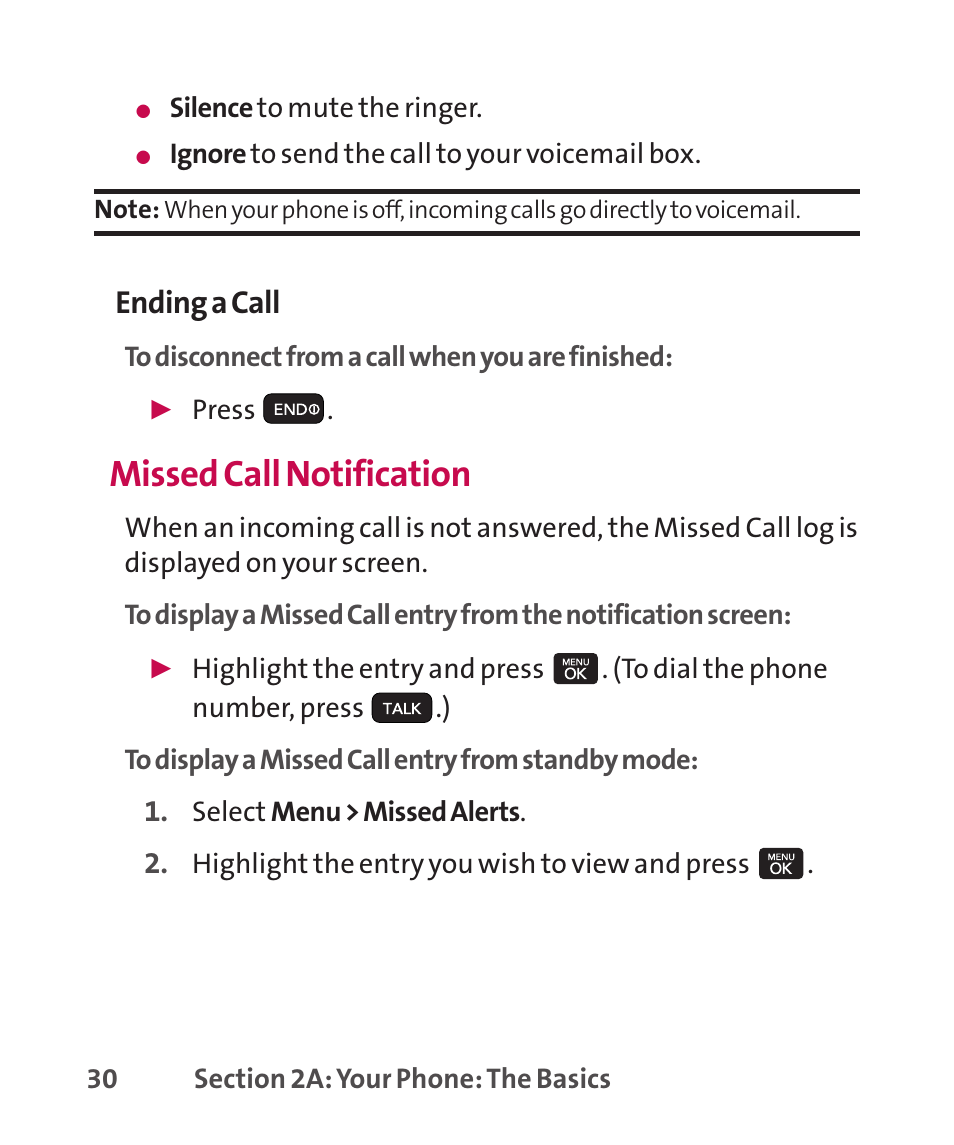 Missed call notification, Ending a call | LG LGLX265 User Manual | Page 44 / 438