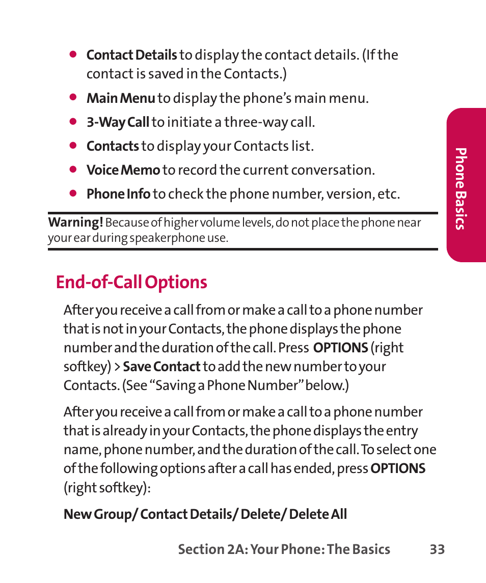 End-of-call options, Ph on e b as ics | LG LGLX265 User Manual | Page 47 / 438