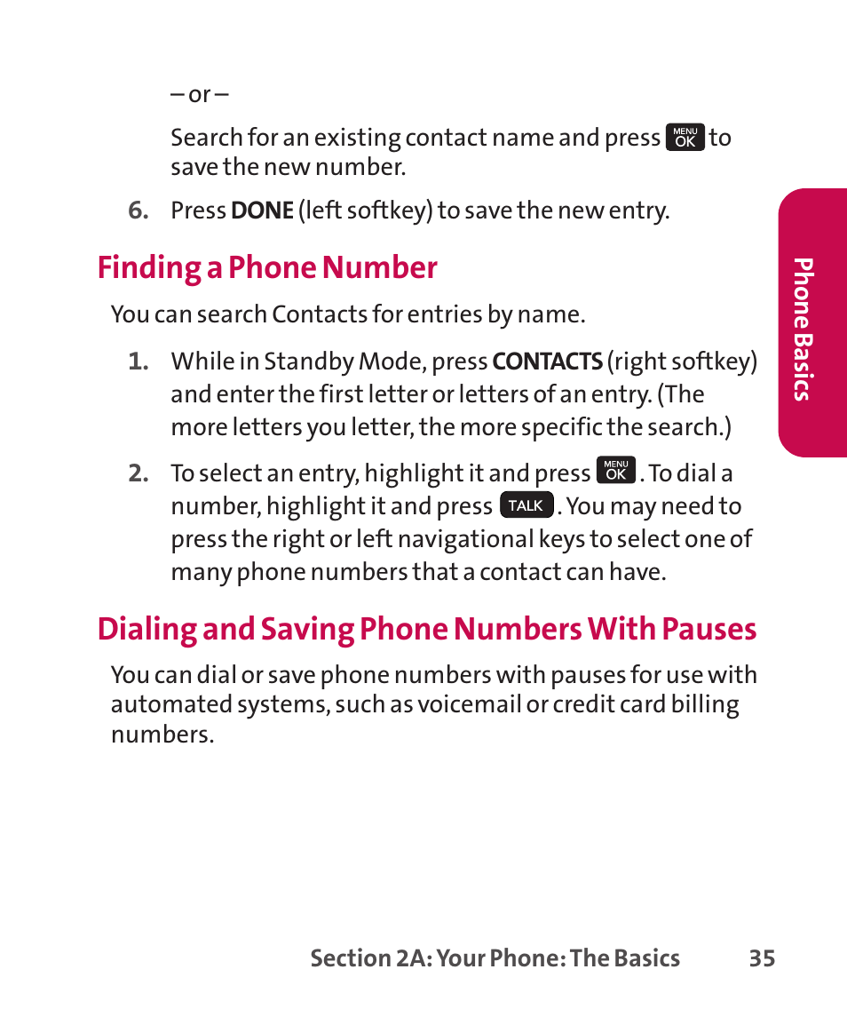 Finding a phone number, Dialing and saving phone numbers with pauses | LG LGLX265 User Manual | Page 49 / 438