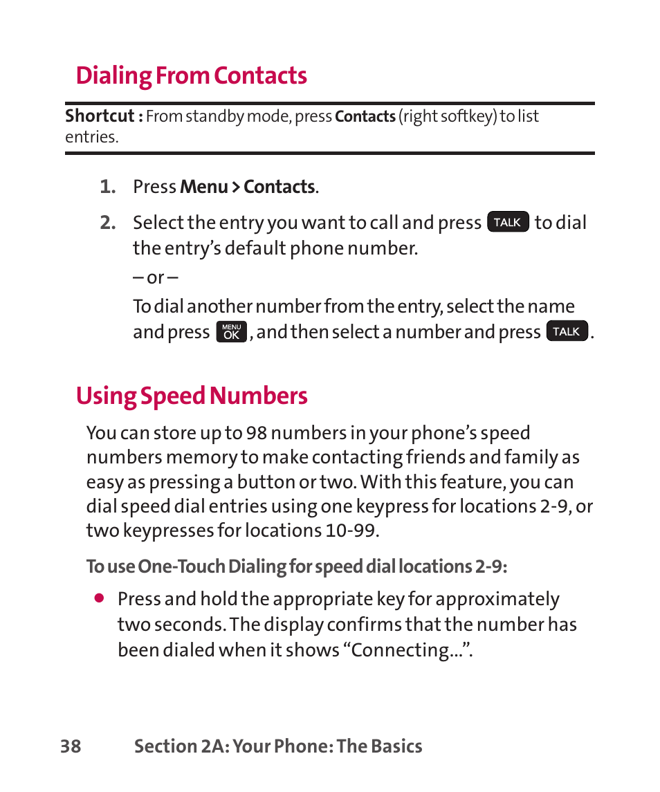 Dialing from contacts, Using speed numbers | LG LGLX265 User Manual | Page 52 / 438