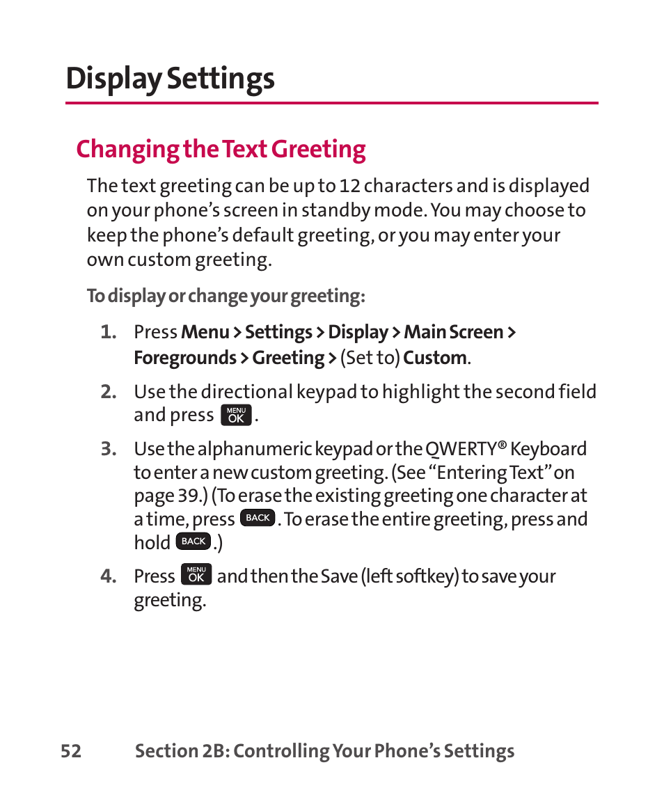 Display settings, Changing the text greeting | LG LGLX265 User Manual | Page 66 / 438