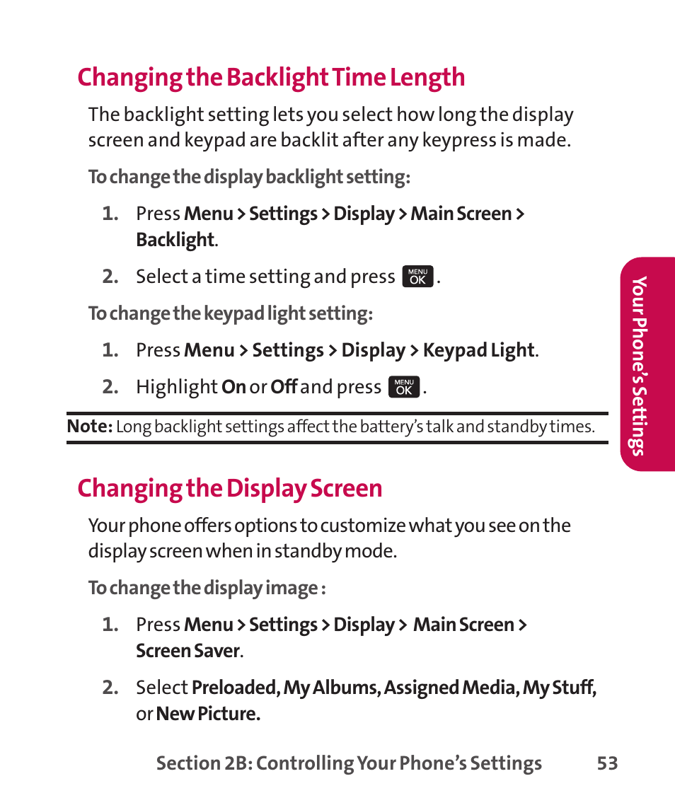 Changing the backlighttime length, Changing the display screen | LG LGLX265 User Manual | Page 67 / 438