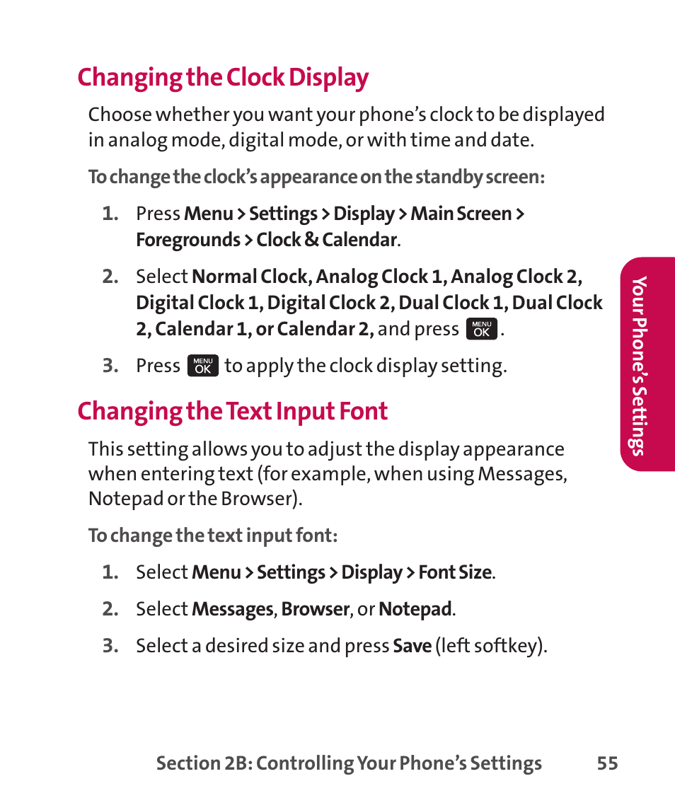 Changing the clock display, Changing the text input font | LG LGLX265 User Manual | Page 69 / 438