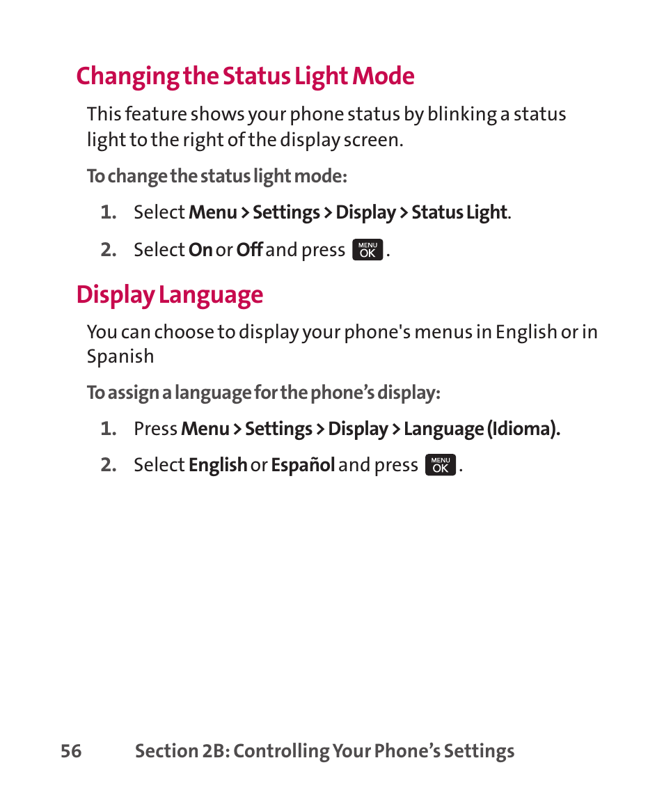 Changing the status light mode, Display language | LG LGLX265 User Manual | Page 70 / 438
