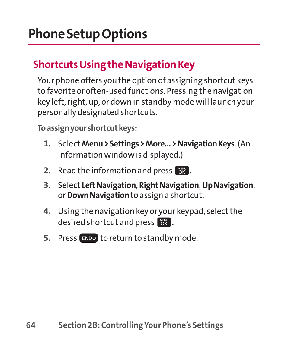 Phone setup options, Shortcuts using the navigation key | LG LGLX265 User Manual | Page 78 / 438