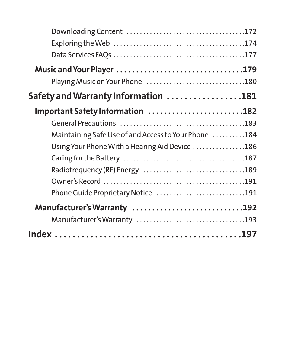 Safety and warranty information, Index | LG LGLX265 User Manual | Page 8 / 438