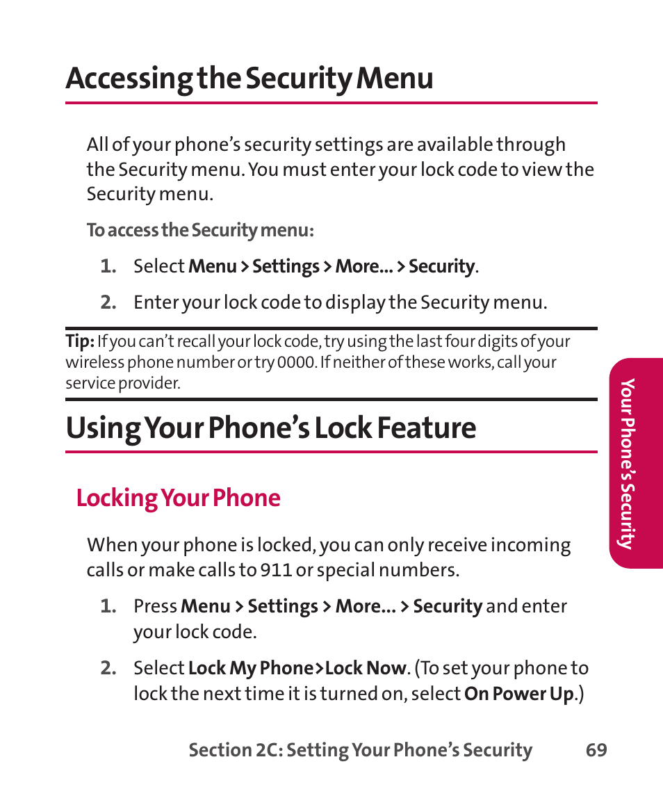 Using your phone’s lock feature, Accessing the security menu, Locking your phone | LG LGLX265 User Manual | Page 83 / 438