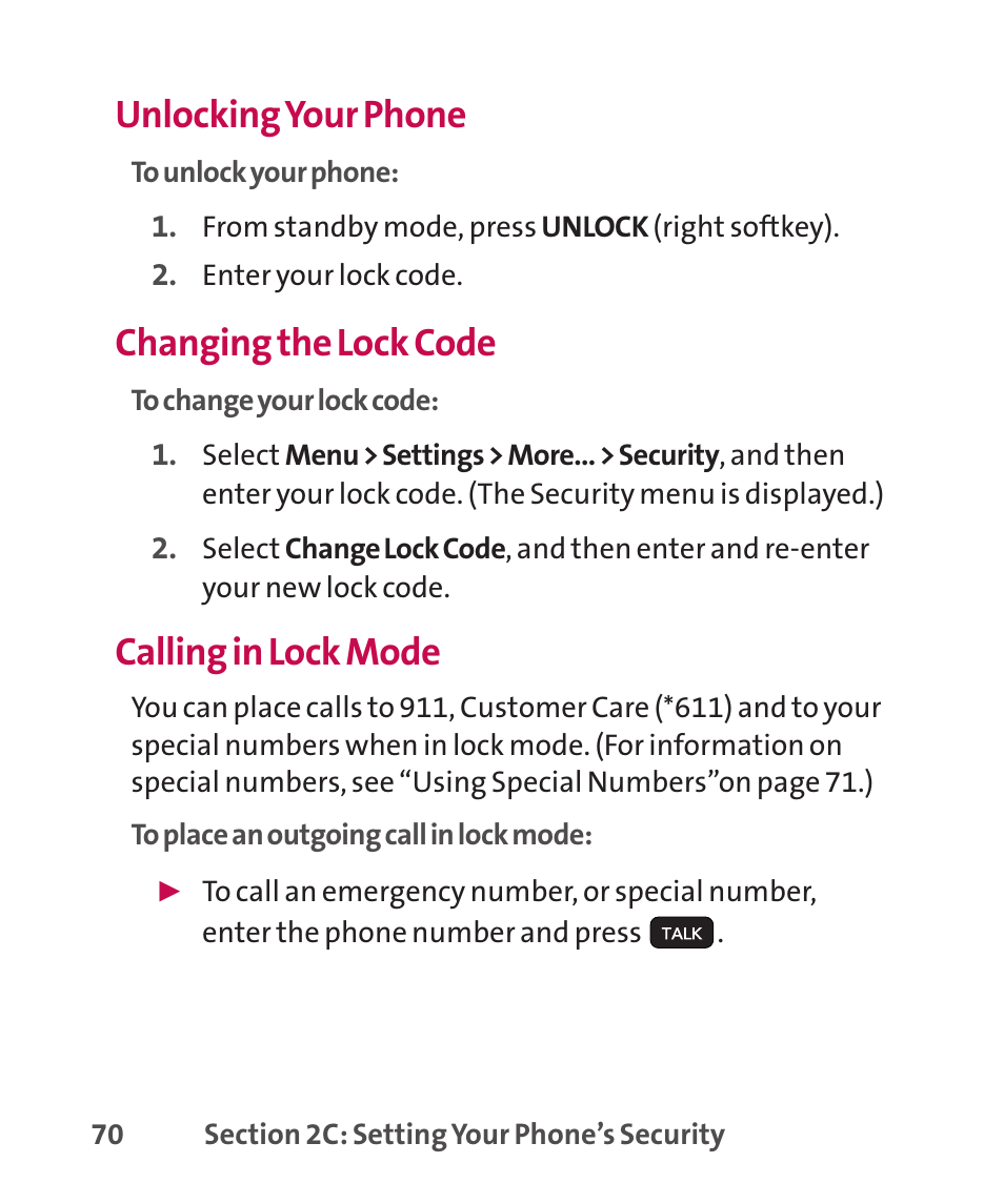 Using special number, Using special numbers, Unlocking your phone | Changing the lock code, Calling in lock mode | LG LGLX265 User Manual | Page 84 / 438