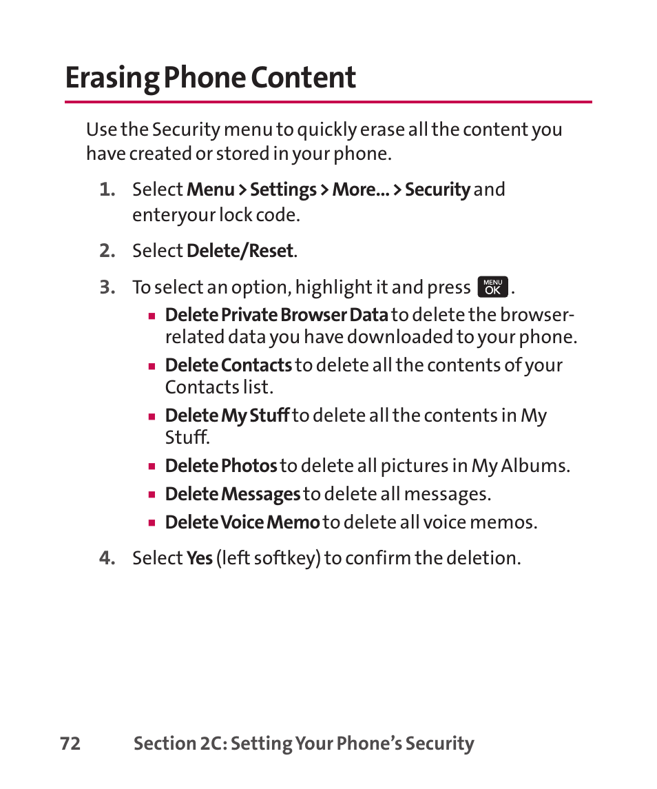 Erasing phone content | LG LGLX265 User Manual | Page 86 / 438