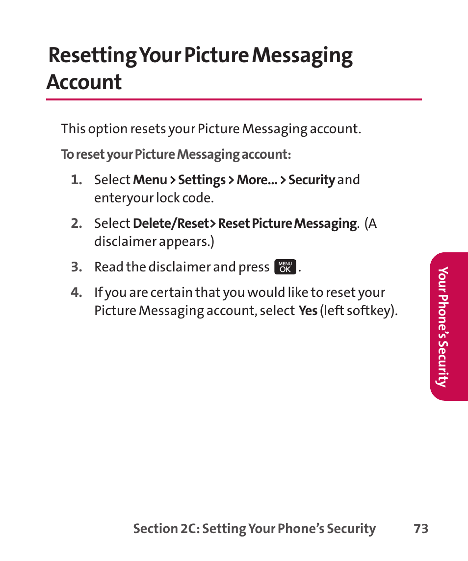 Resetting your phon, Resetting your picture messaging account | LG LGLX265 User Manual | Page 87 / 438