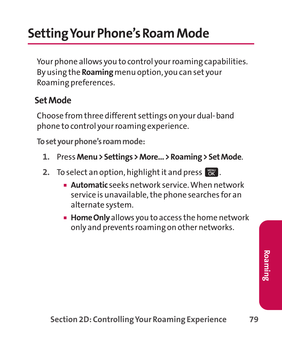 Setting your phone’s roam mode | LG LGLX265 User Manual | Page 93 / 438