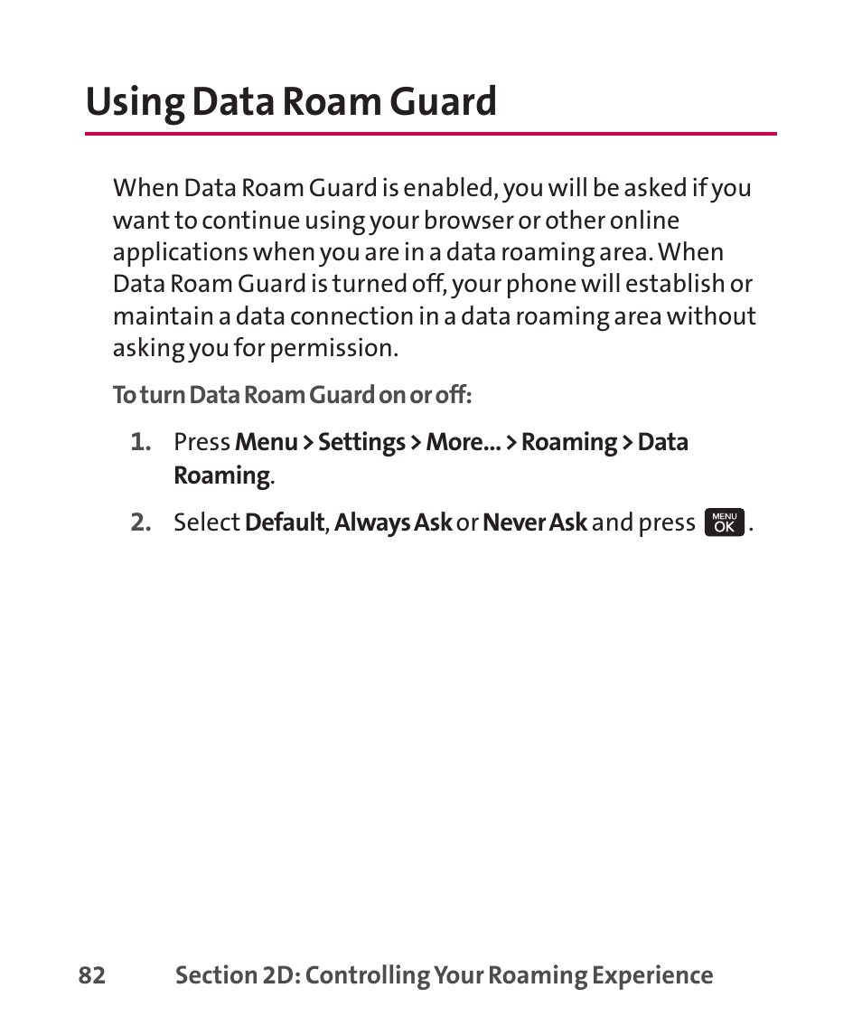 Using data roam guard | LG LGLX265 User Manual | Page 96 / 438