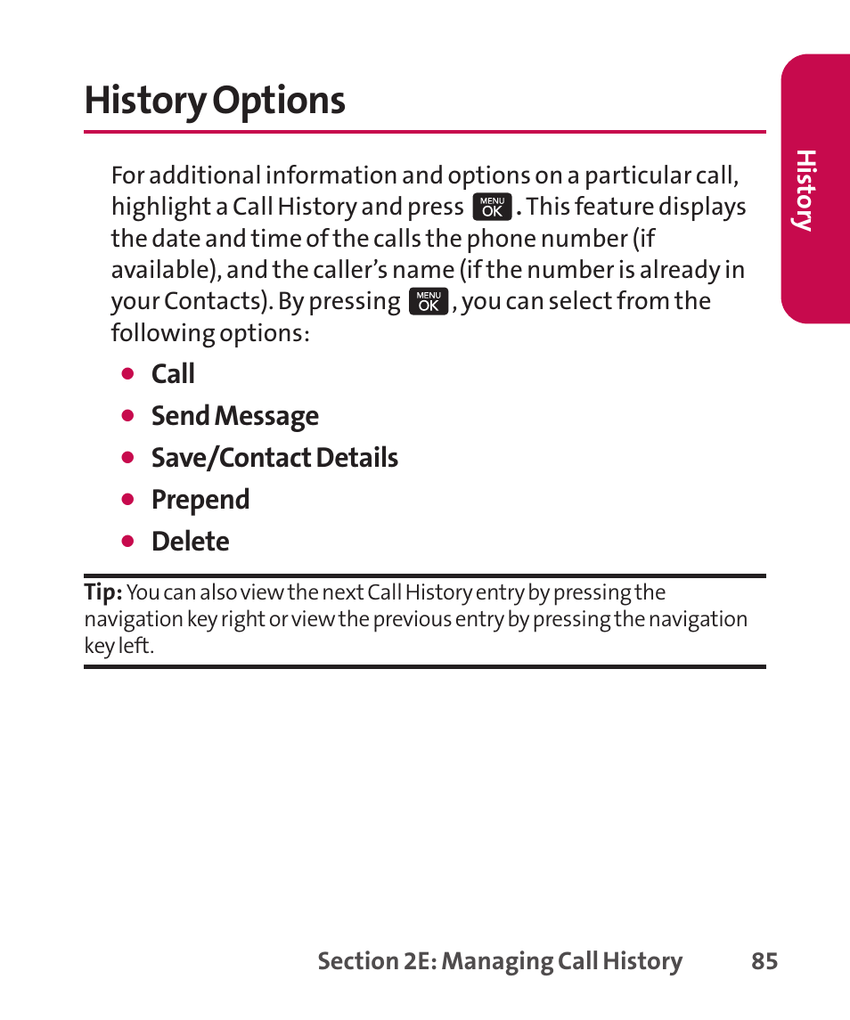 History options, Call, Send message | Save/contact details, Prepend, Delete | LG LGLX265 User Manual | Page 99 / 438