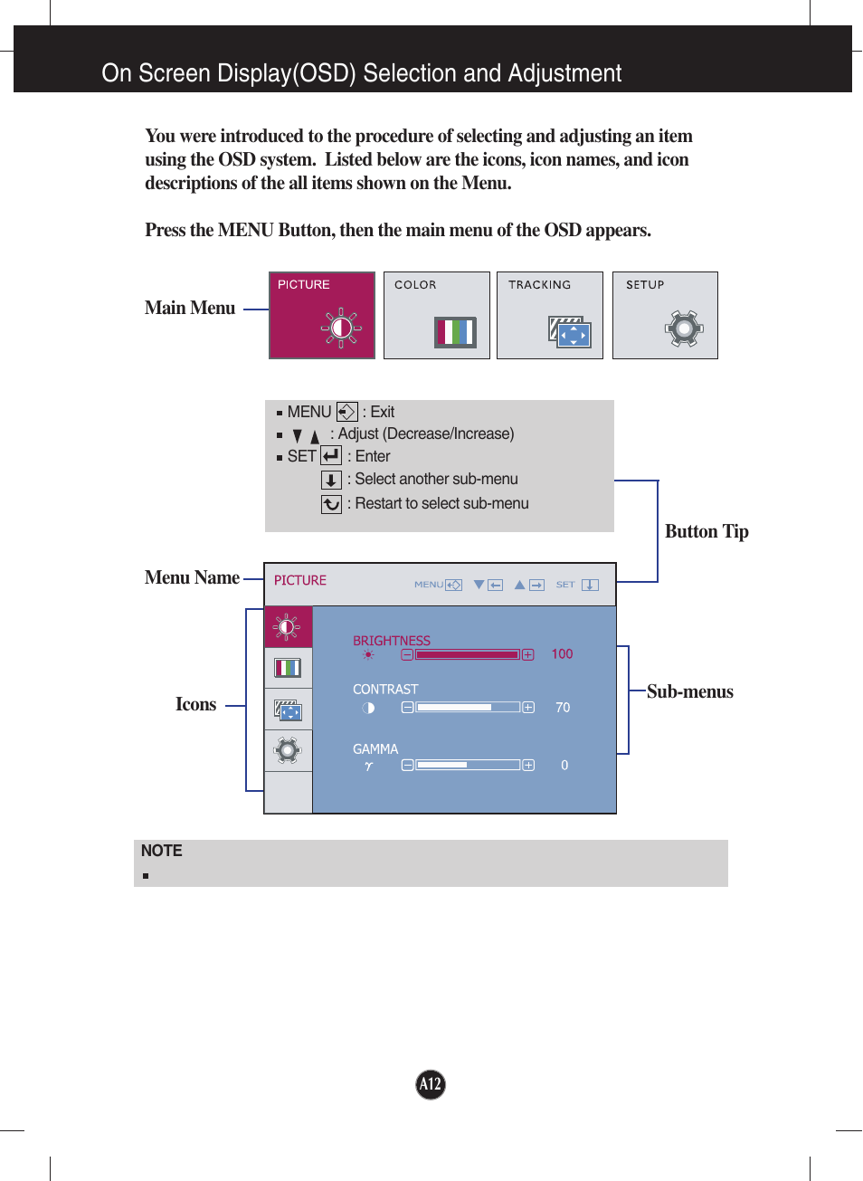 On screen display(osd) selection and adjustment | LG W2361V-PF User Manual | Page 13 / 29