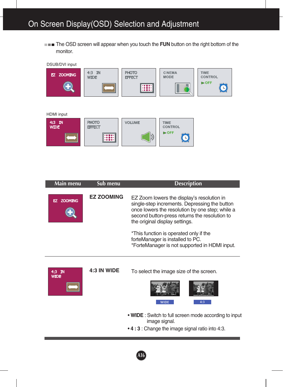 Ez zooming, 3 in wide, On screen display(osd) selection and adjustment | LG W2361V-PF User Manual | Page 17 / 29