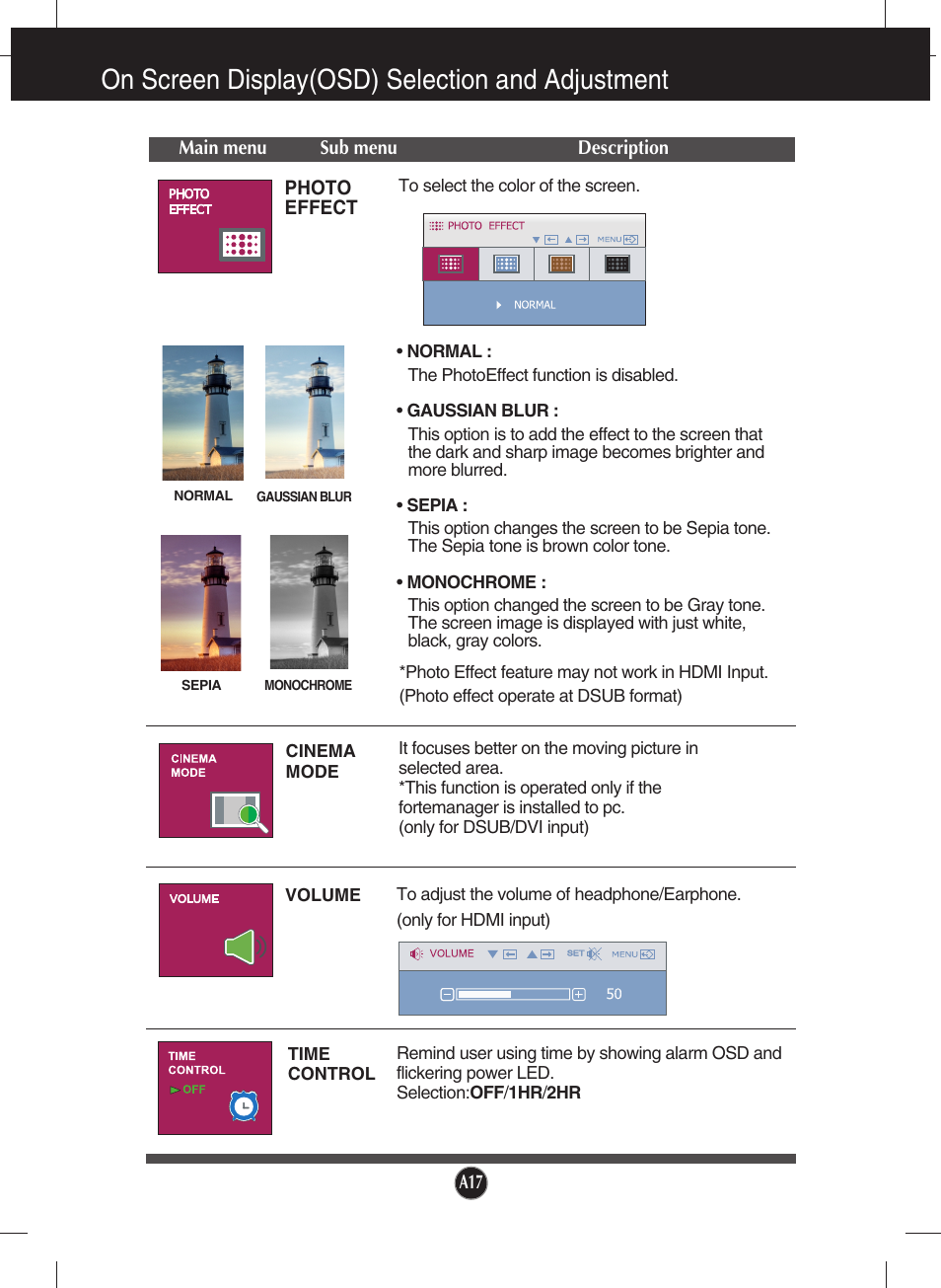 Photo effect, Volume, On screen display(osd) selection and adjustment | LG W2361V-PF User Manual | Page 18 / 29