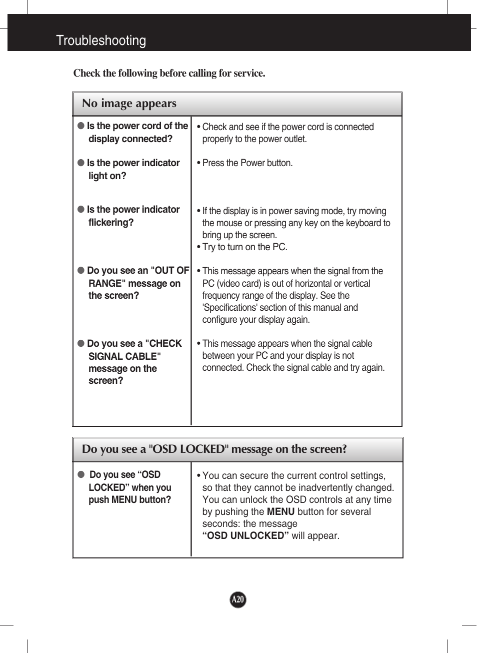 Troubleshooting, No image appears, Do you see a "osd locked" message on the screen | LG W2361V-PF User Manual | Page 21 / 29