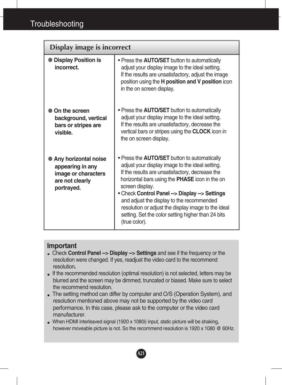 Display image is incorrect, Troubleshooting, Important | LG W2361V-PF User Manual | Page 22 / 29