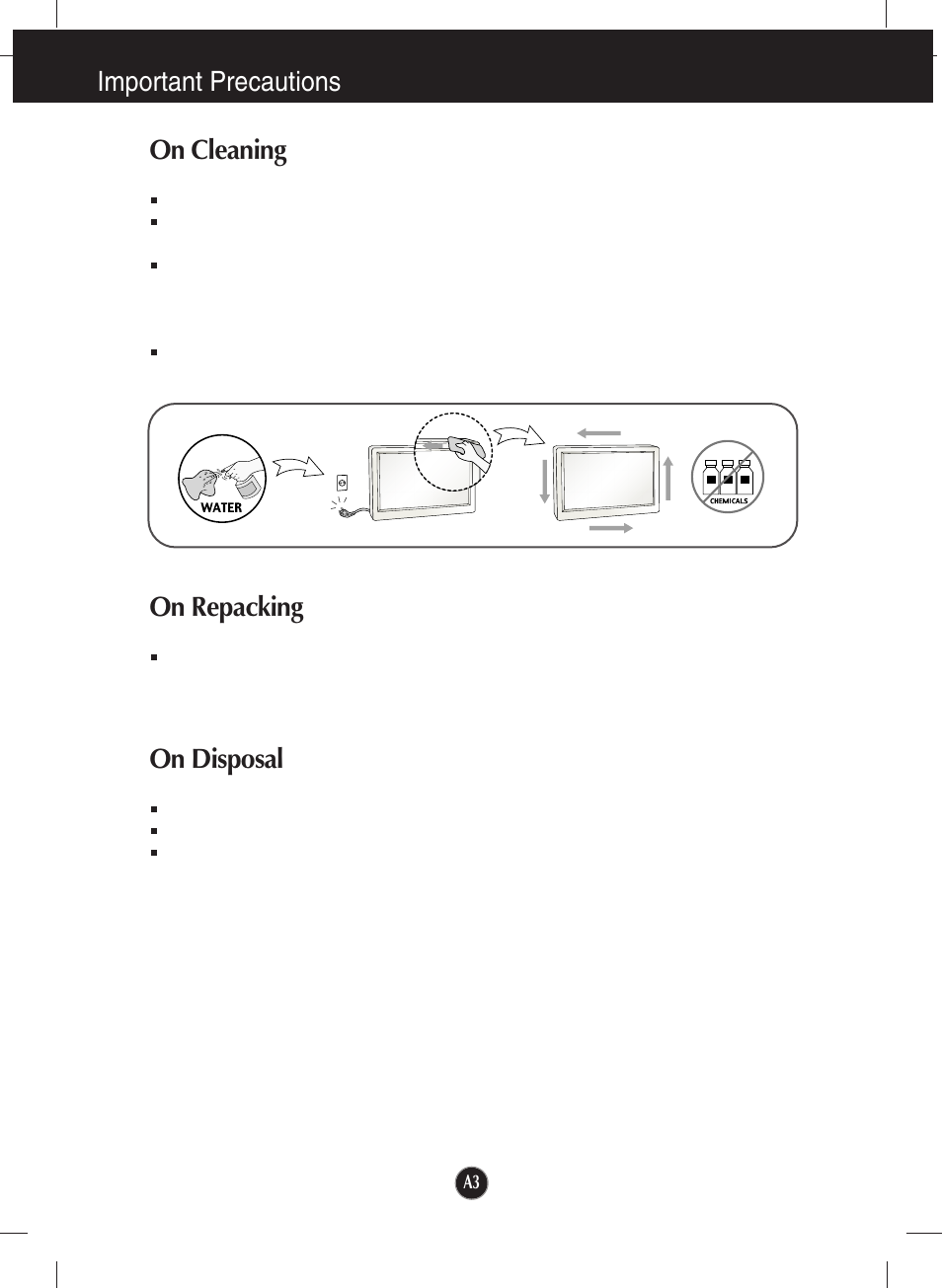 On cleaning, On repacking, On disposal | Important precautions on cleaning | LG W2361V-PF User Manual | Page 4 / 29