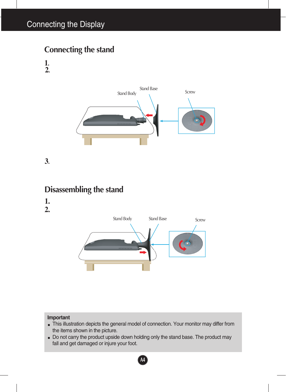 Connecting the display, Connecting the stand or disassembling the stand, Disassembling the stand | Connecting the stand | LG W2361V-PF User Manual | Page 5 / 29