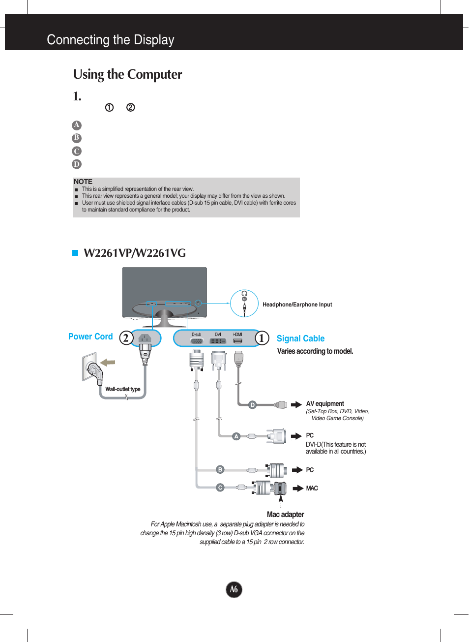 Using the computer, Connecting the display | LG W2361V-PF User Manual | Page 7 / 29