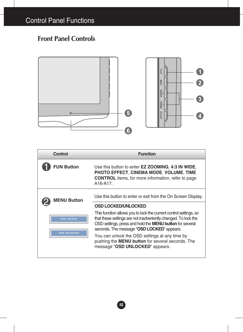 Control panel functions, Front panel controls | LG W2361V-PF User Manual | Page 9 / 29