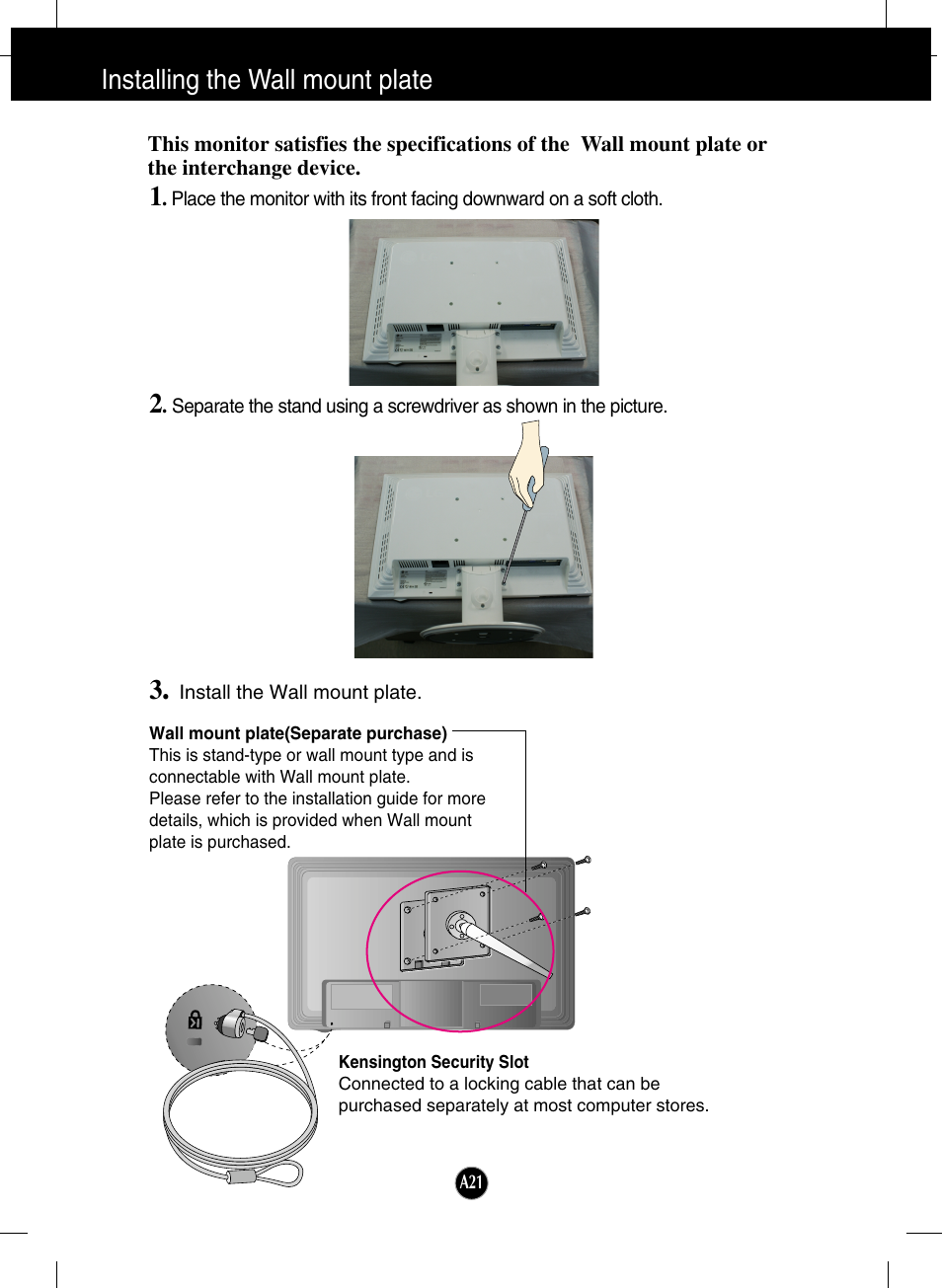 Installing the wall mount plate | LG L196WTQ-BF User Manual | Page 22 / 23