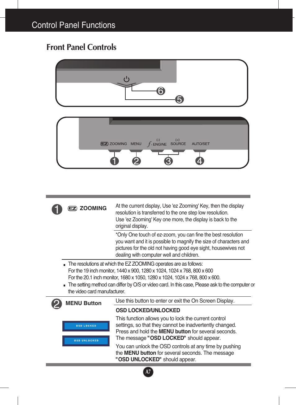 Control panel functions, Front panel controls | LG L196WTQ-BF User Manual | Page 8 / 23