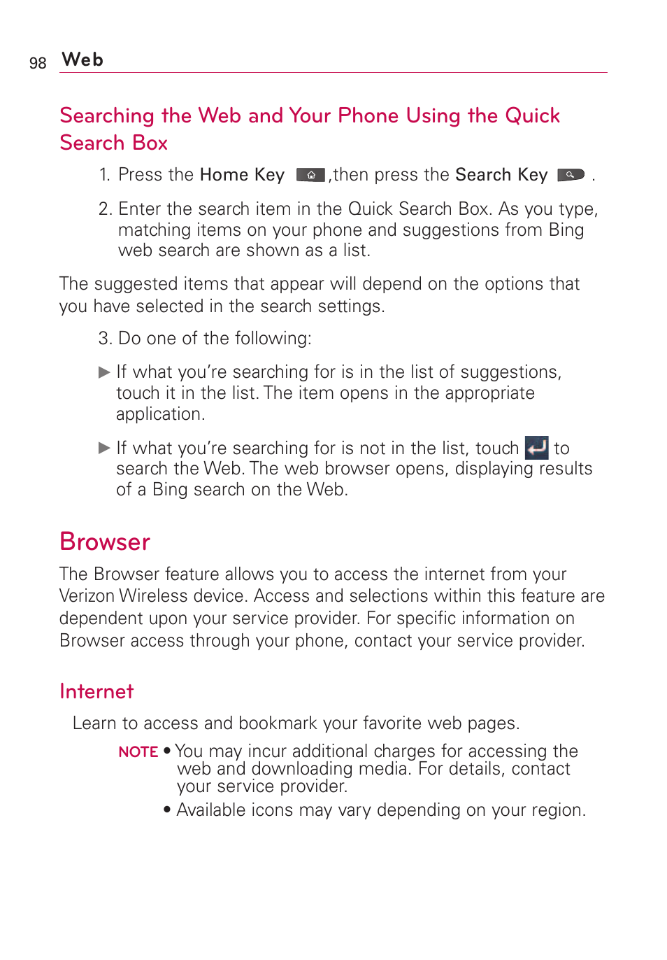 Searching the web and your p, Browser, Internet | LG VS660 User Manual | Page 100 / 692