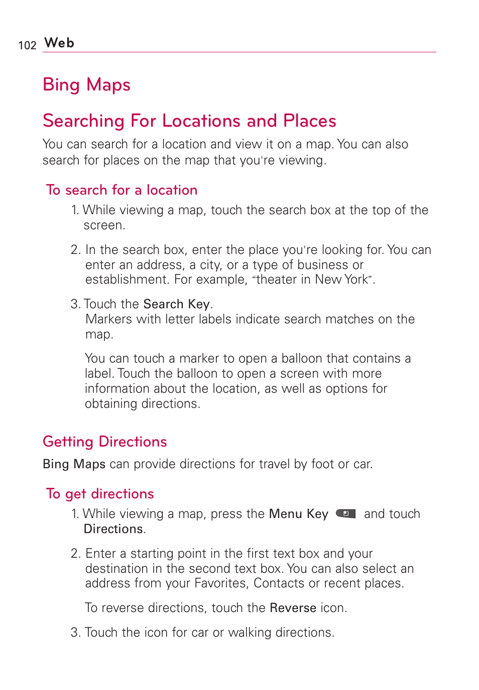 Bing maps, Searching for locations and, Getting directions | Searching for locations and places, Bing maps searching for locations and places | LG VS660 User Manual | Page 104 / 692