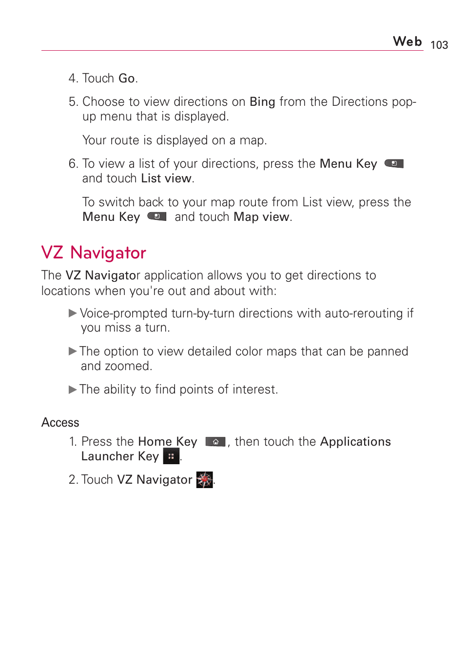Vz navigator | LG VS660 User Manual | Page 105 / 692